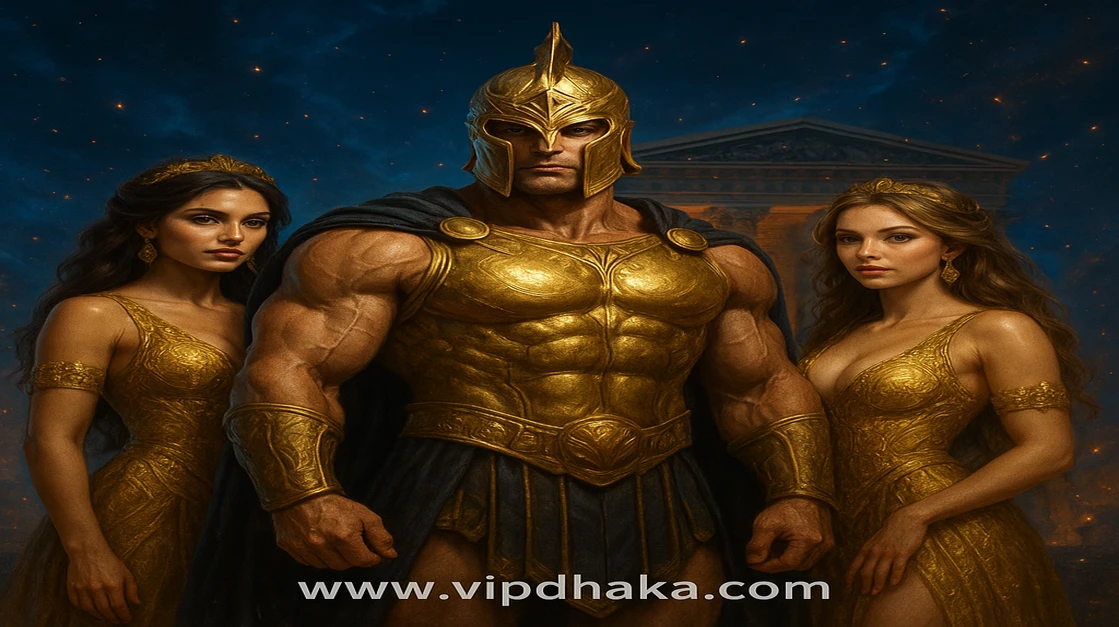 ক্ষমতাশালী দেবতা জিউস ও দুই সুন্দর দেবী আপনাকে vip dhaka গেমিং প্ল্যাটফর্মে অলিম্পাসের গেটস-এ স্বাগত জানাচ্ছেন, পেছনে একটি বিশাল মন্দির দৃশ্যমান।